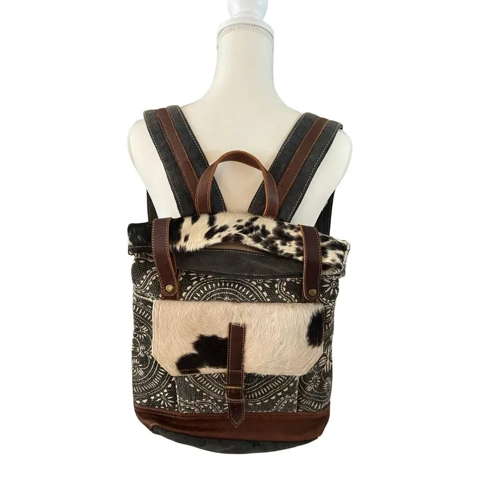 Myra Bag Cowhide Leather Canvas Backpack Brown Ivory Gray Multi Pocket